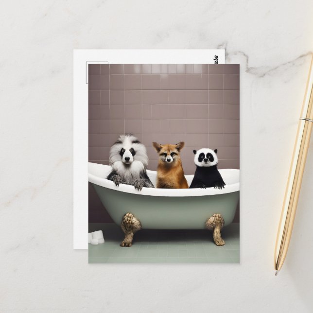 Carte Postale Animaux amusants assis dans la baignoire dans la s (Devant/Arrière en situation)