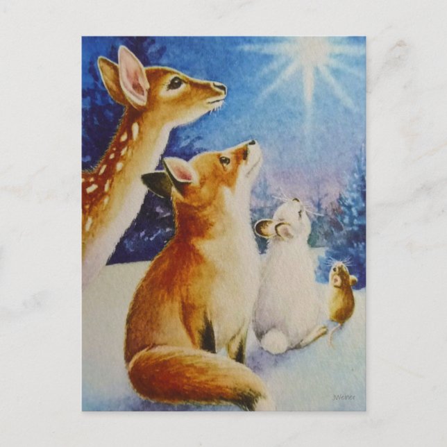 Carte Postale Animaux de bois Voir Noël Star Aquarelle Art (Devant)