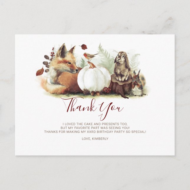 Carte Postale Animaux de forêt et Merci Citrouille d'anniversair (Devant)