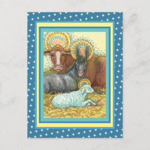 CARTE POSTALE ANIMAUX DE LA NATIVITÉ EN STABLE, OX, ÂNE ET MOUCH