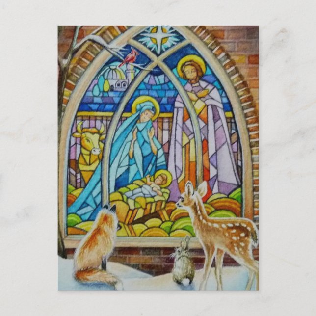 Carte Postale Animaux et Nativité Verre de rideau Aquarelle Art (Devant)