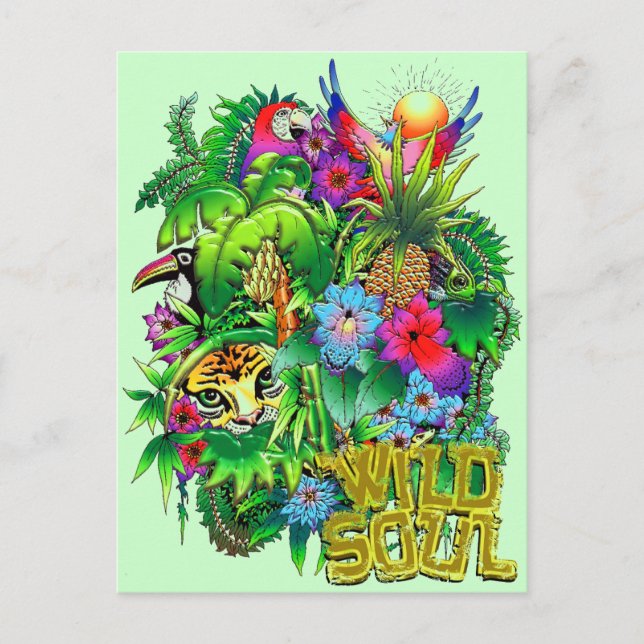 Carte Postale Animaux sauvages cachés dans la jungle surréelle (Devant)