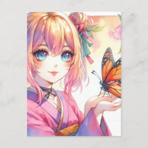 Carte Postale Anime Girl tenant un papillon