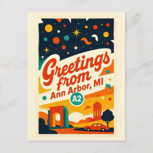 Carte Postale Ann Arbor MI A2 Style Rétro Couleur Vintage