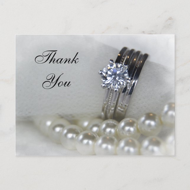 Carte Postale Anneaux de diamant et perles blanches Merci Mariag (Devant)