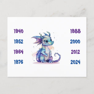 Carte Postale Années chinoises du Dragon bleu 1940 à 2024
