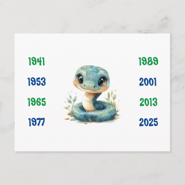 Carte Postale Années chinoises du serpent 1941 à 2025 (Devant)
