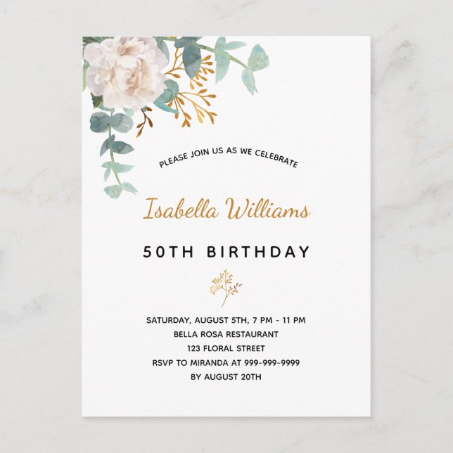 Carte Postale Anniversaire 50 fleurs eucalyptus or vert élégant (Devant)