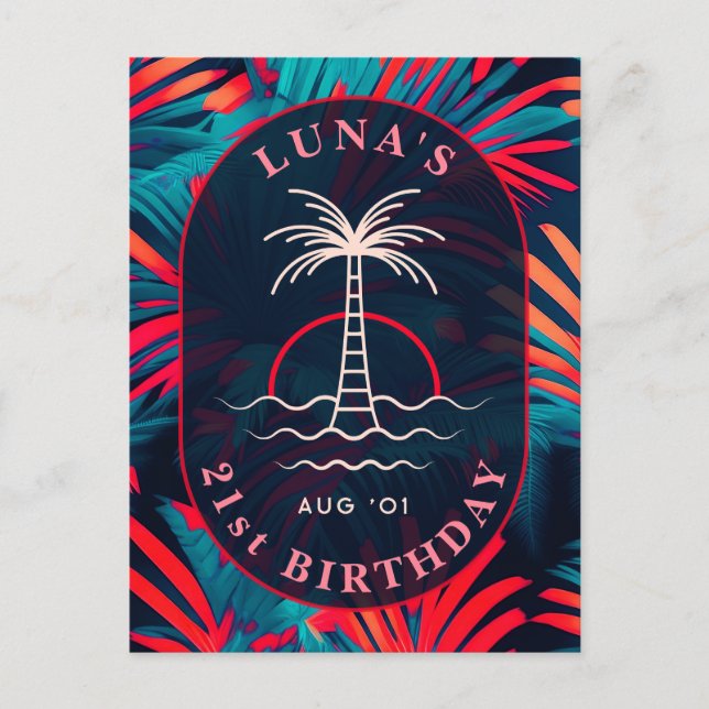 Carte Postale Anniversaire Beach party Palm tree coucher de sole (Devant)