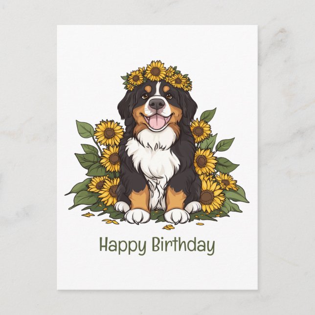 Carte Postale Anniversaire Bernese Mountain Dog Sunflower Crown (Devant)