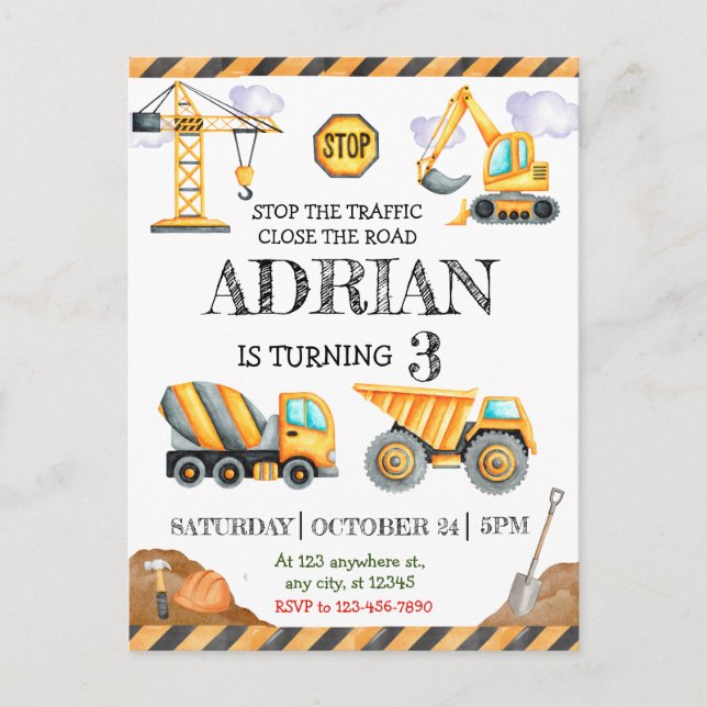 Carte Postale Anniversaire de enfant de camion de construction (Devant)