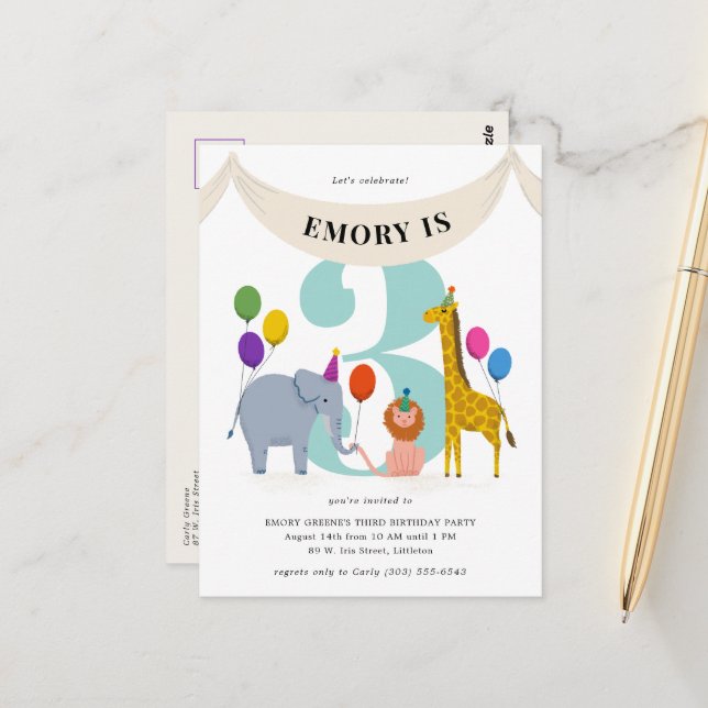 Carte Postale Anniversaire de enfant de Safari Animaux (Devant/Arrière en situation)