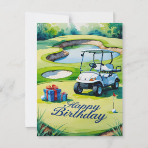 Carte Postale Anniversaire de golf avec voiturette de golf pour