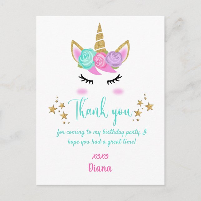 Carte Postale Anniversaire de la fille Unicorn thème Merci (Devant)