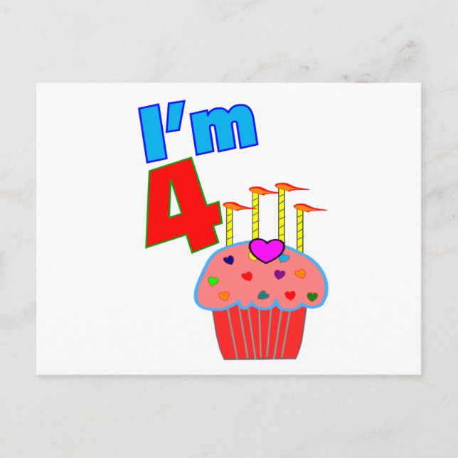 Carte Postale Anniversaire de l'école "I'm 4" Cupcake adorable (Devant)