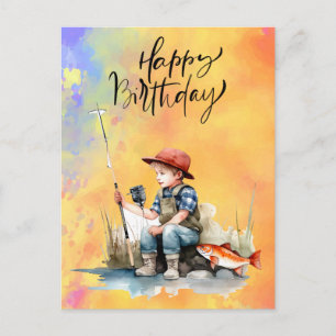 Carte Postale anniversaire des amateurs de pêche avec Poisson