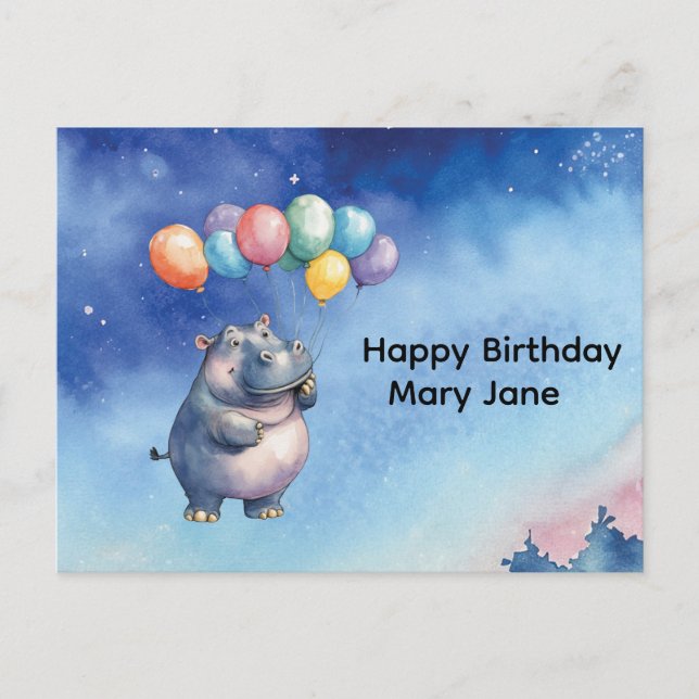 Carte Postale Anniversaire d'Hippopotame thème avec ballons (Devant)