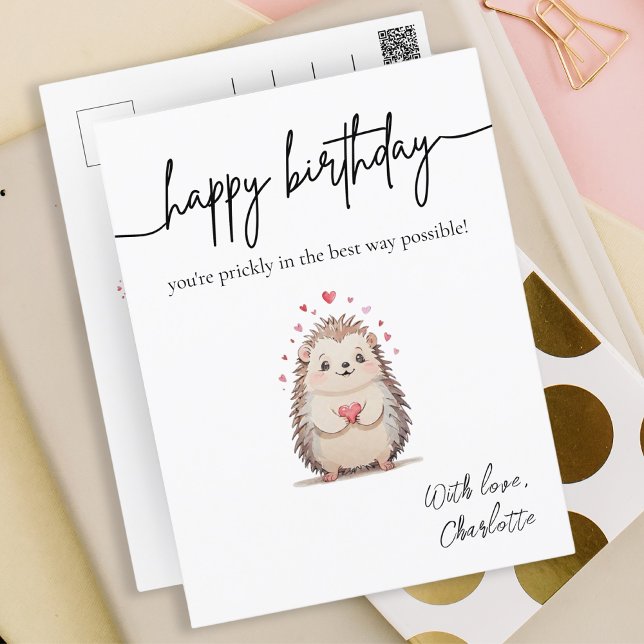 Carte Postale Anniversaire drôle de hérisson aquarelle minimalis (Minimalist Watercolor Hedgehog Punny Birthday Postcard)