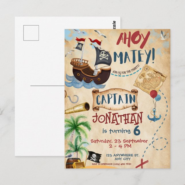 Carte Postale Anniversaire du pirate Ahoy Boy Party (Devant / Derrière)
