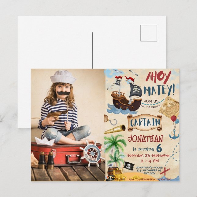 Carte Postale Anniversaire du pirate Ahoy Pirate Boy Party (Devant / Derrière)