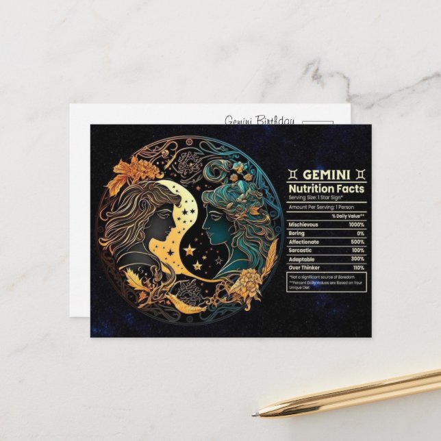 Carte postale Anniversaire Gemini Zodiac (Devant/Arrière en situation)