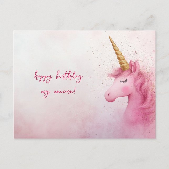 Carte Postale Anniversaire Licorne Rose (Devant)