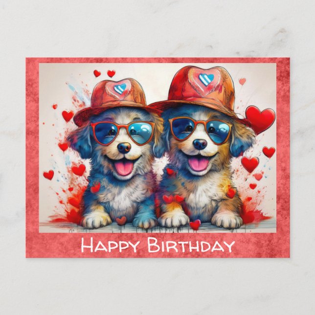 Carte Postale Anniversaire Mignon Chien de dessin animé drôle Cœ (Devant)