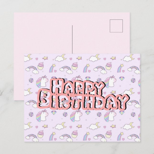 Carte postale Anniversaire mignonne licorne rose (Devant / Derrière)