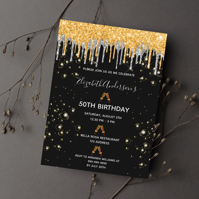 Carte Postale Anniversaire noir or parties scintillant argent gl (Créateur téléchargé)