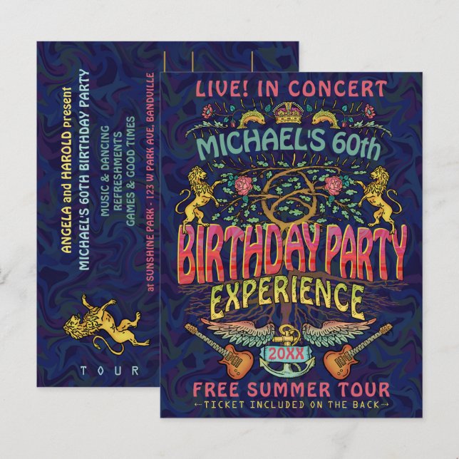 Carte Postale Anniversaire Party Rock Band Concert Ticket Retro  (Devant / Derrière)