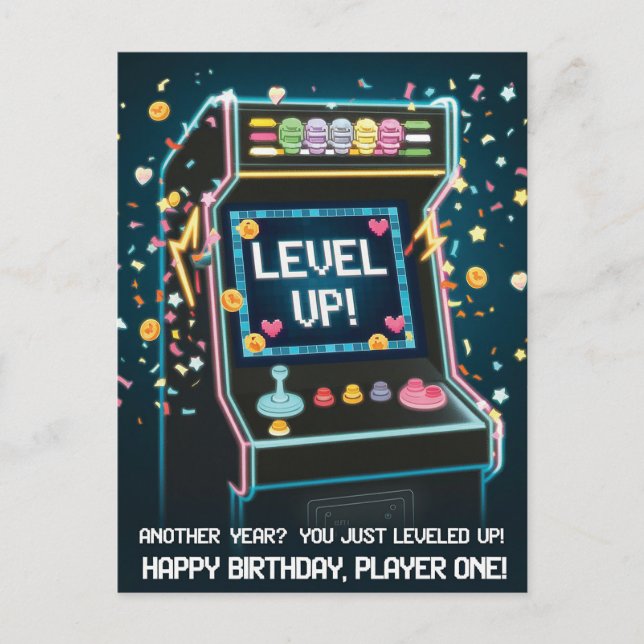 Carte Postale Anniversaire Rétro À Thème Arcade - "Niveau Up" Ga (Devant)