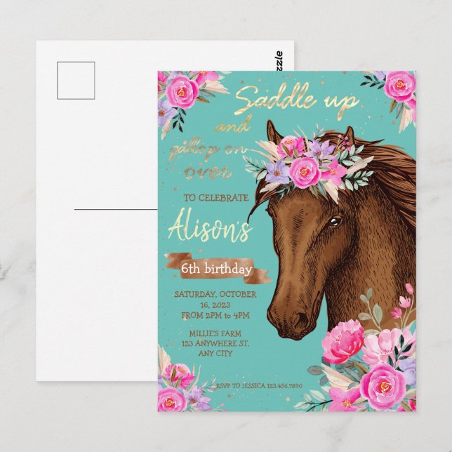 Carte Postale Anniversaire rose du cheval (Devant / Derrière)