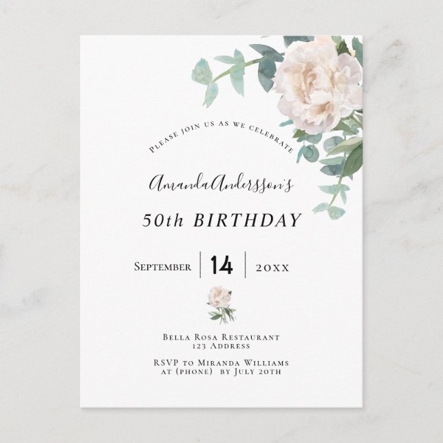 Carte Postale Anniversaire rose or floral blanchir élégance (Devant)