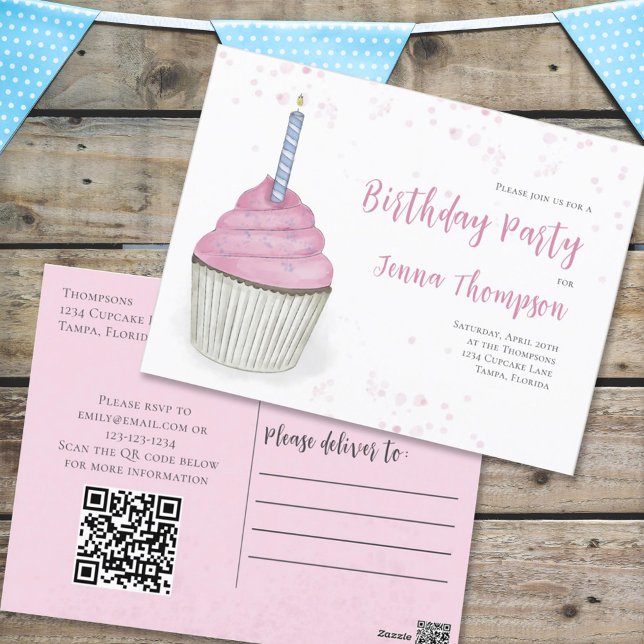 Carte Postale Anniversaire rose Whimsical mignon Cupcake QR Code (Créateur téléchargé)