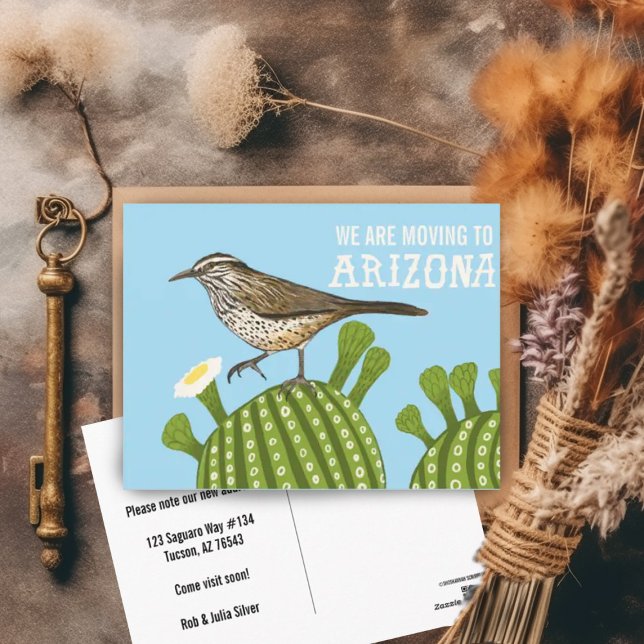 Carte Postale ANNONCE DE DÉMÉNAGEMENT Arizona Saguaro Cactus Tro (Arizona moving announcement postcard with cactus wren and saguaro cactus illustration. Customizable!)
