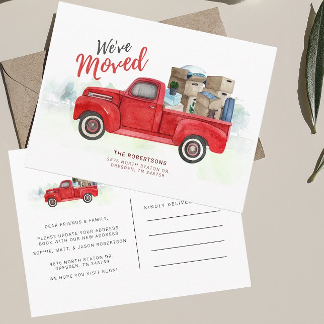 Carte Postale Annonce de déménagement classique par camion rouge (Moving Announcement Postcard Loaded Red Truck)