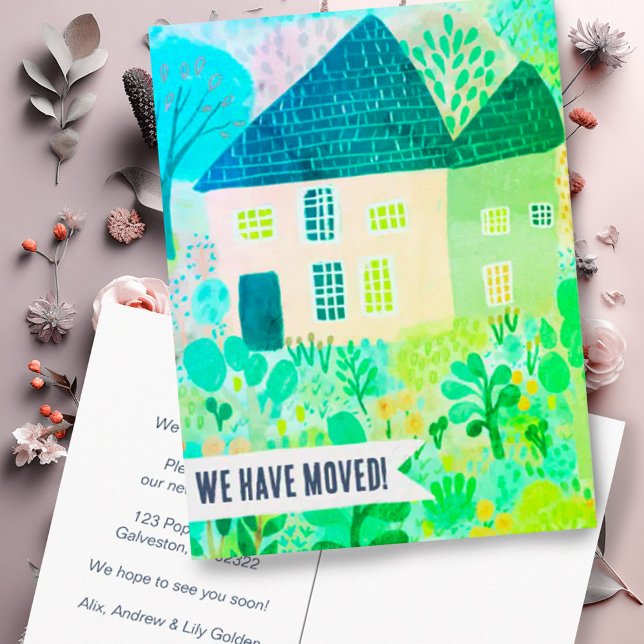 Carte Postale Annonce de déménagement dans une nouvelle maison C (Moving announcement address change postcard with watercolor house and garden. Customize it!)