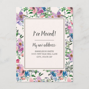 Carte Postale Annonce de déménagement Fleurs aquarelles rose vio