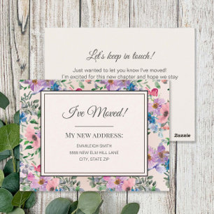 Carte Postale Annonce de déménagement Fleurs aquarelles rose vio