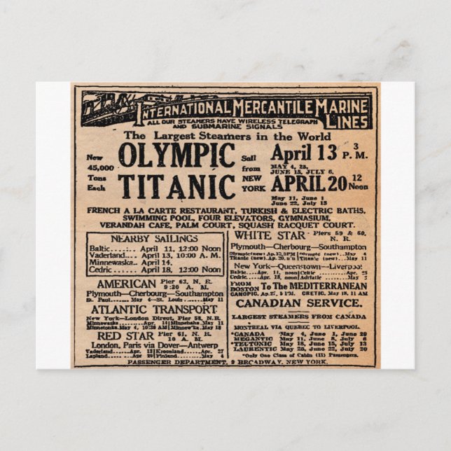 Carte Postale Annonce de journal Titanic (Devant)