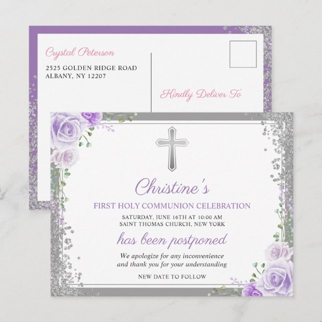 Carte Postale Annonce de report de la première communion florale (Devant / Derrière)