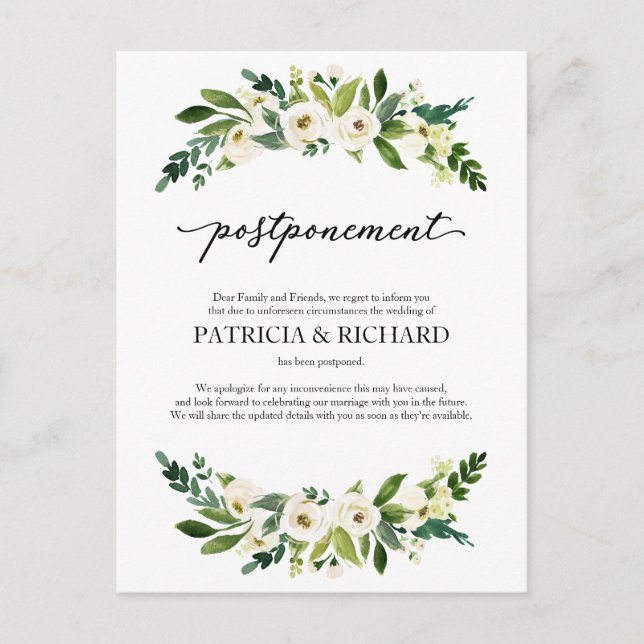 Carte Postale Annonce de report de mariage floral verdoyant (Devant)