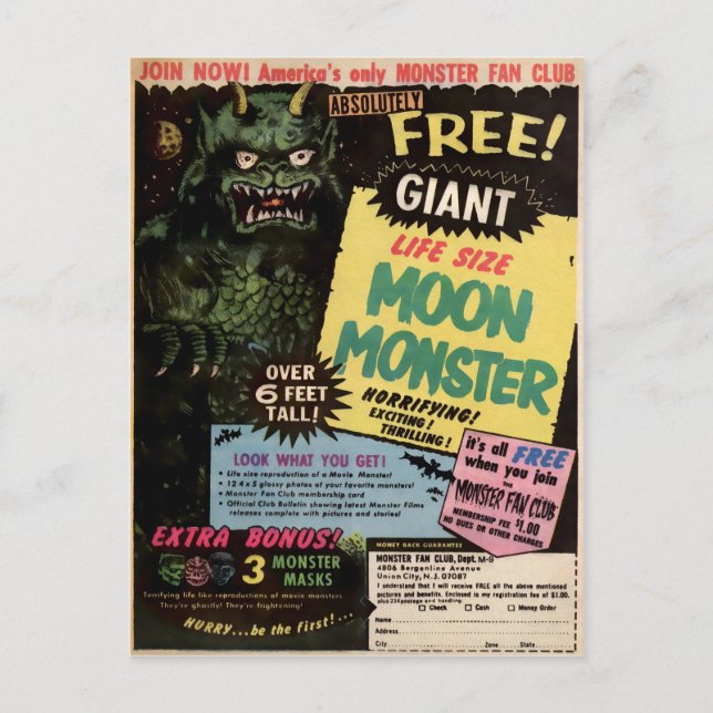 Carte Postale Annonce Monstre Lune vintage (Devant)