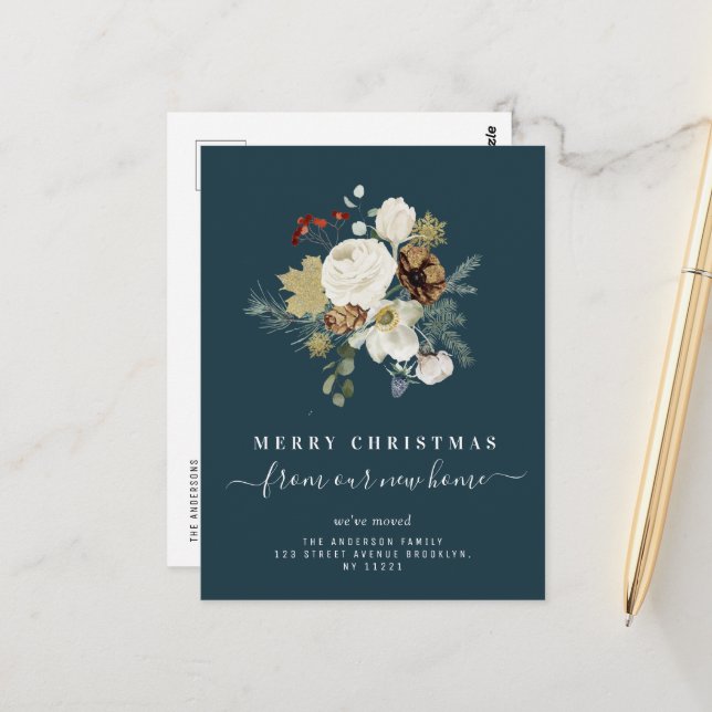 Carte Postale annonciation de noël florale joyeuse (Devant/Arrière en situation)