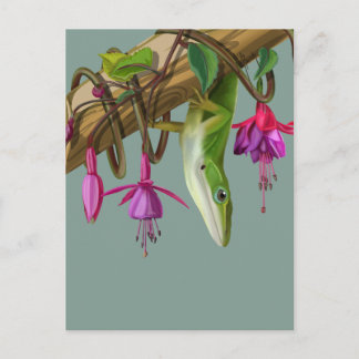 Carte Postale Anolis vert avec fuchsias