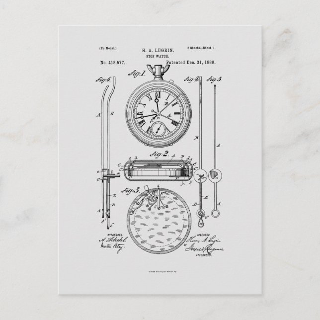 Carte Postale Antique Stopwatch, 1889 Brevet (Devant)