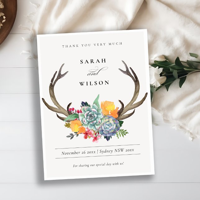 CARTE POSTALE ANTLER BOHEMIAN ALLURE MERCI FLORAL SUCCULENT (Créateur téléchargé)