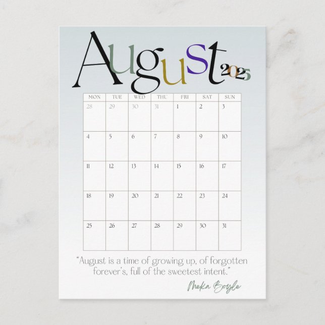 Carte Postale Août Gris Moderne Calendrier mensuel 2025 (Devant)
