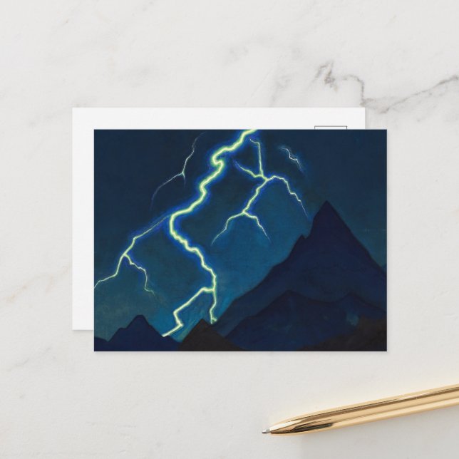 Carte Postale Appel du Ciel, Éclair par Nicholas Roerich (Devant/Arrière en situation)