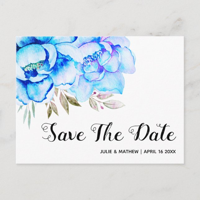 Carte Postale Aqua bleu aquarelle fleurs florales Enregistrer la (Devant)